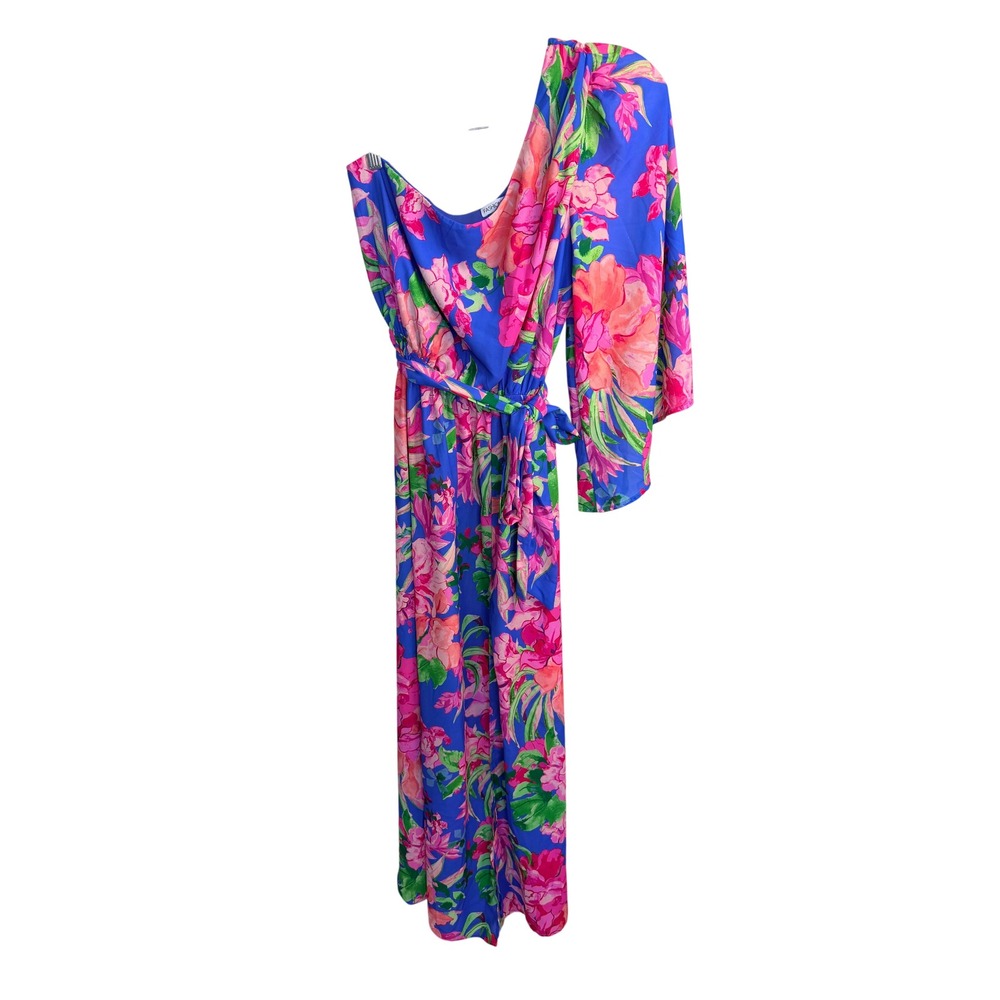 Fashion Nova One Shoulder Maxi Dress Blue Pink Floral Kimono Sleeve Tropical L - Picture 2 of 6